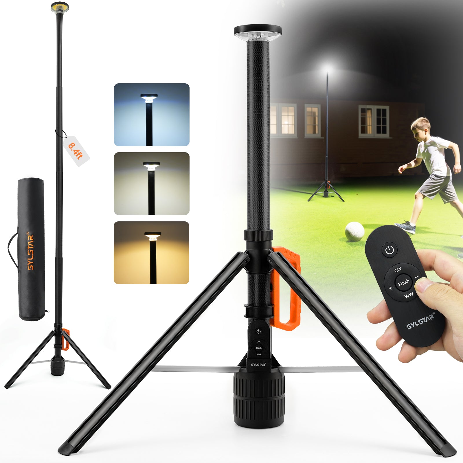 360° Rechargeable Work Light with Remote &Telescopic Stand (8.4Ft), 3000LM Ultra Bright 3CCT Dimmable, 6000mAh Battery, Portable Camping Light for Jobsite Workshop Sports Emergencies
