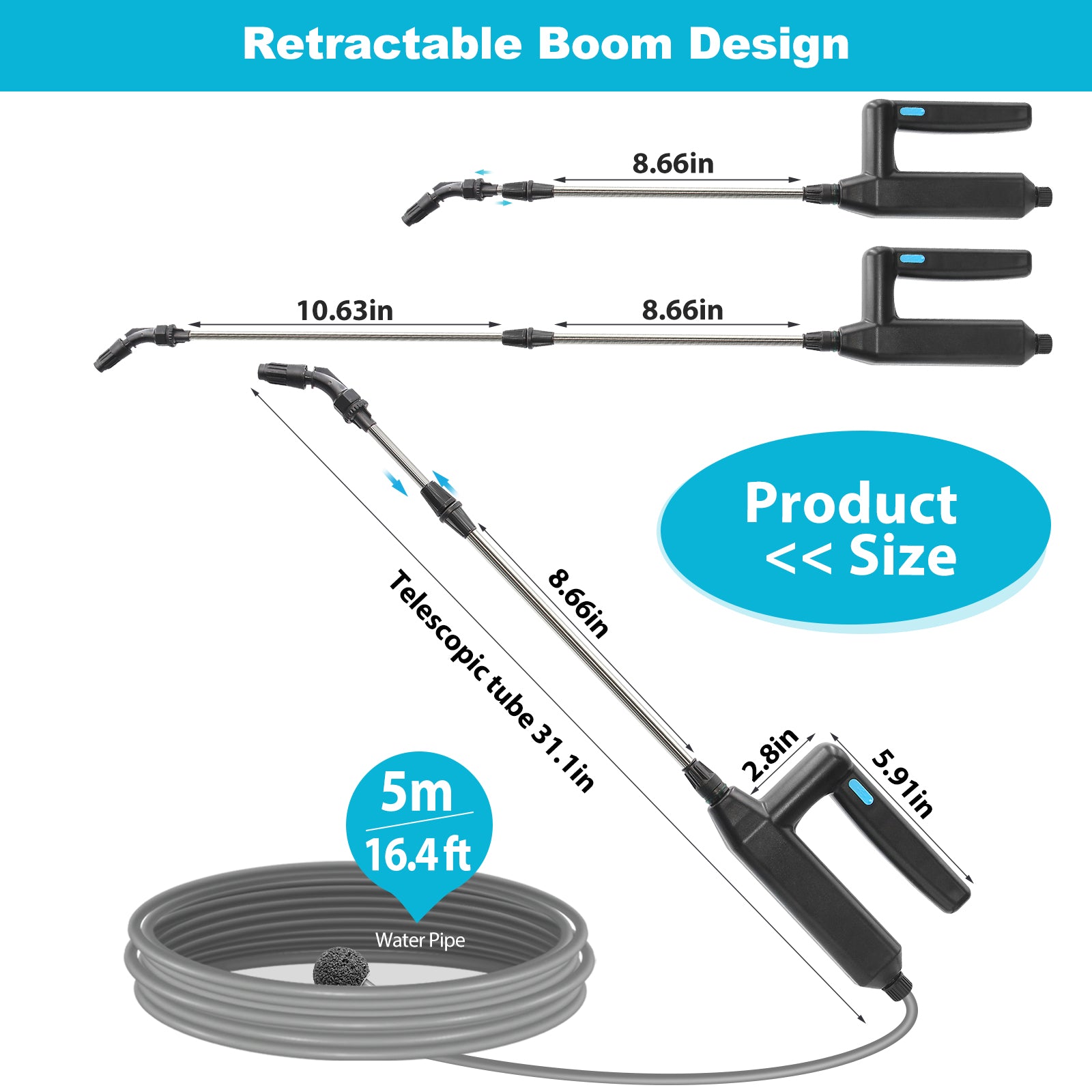 SYLSTAR Battery Powered Sprayer Wand 5M 23.6inch Electric Sprayer Telescopic Watering Wand with 16.4FT Hose Rechargeable and Portable Spray Wand for Gardening (3 Nozzles)